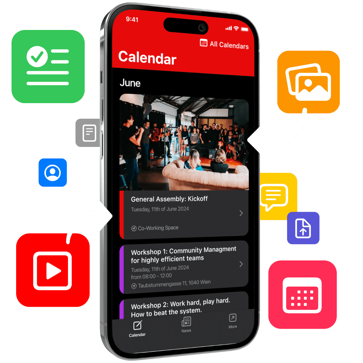Rendering of an iPhone with a kula app surrounded by Feature Icons.